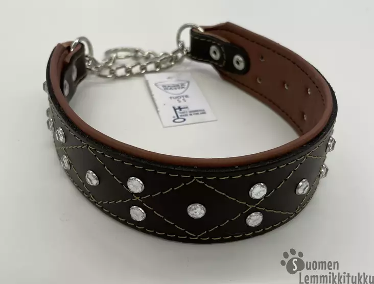 Puolikiristävä nahkapanta koiralle strasseilla ja koristetikkauksilla, ruskea - Koiran nahkapannat - 41856 - 1