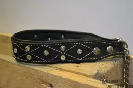 Puolikiristävä nahkapanta koiralle strasseilla ja koristetikkauksilla, musta - Koiran nahkapannat - 39399 - 1